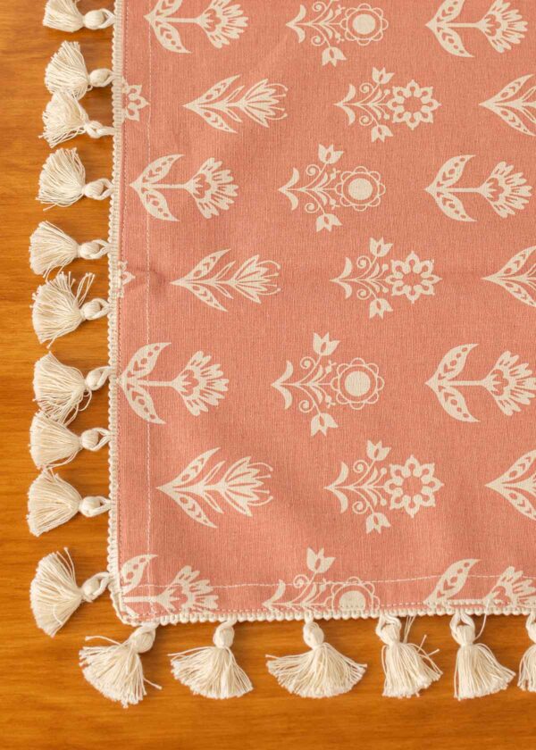Dahlia Printed 100% cotton floral table cloth for 4 seater or 6 seater dining with tassels - Rust