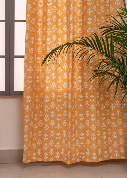 Dahlia Mustard 100% cotton floral curtain for living room - Room darkening - Single Piece