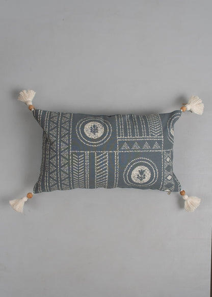 Cosmos Printed 100% Cotton Floral-Geometric Design Cushion Cover for Sofa - Blue