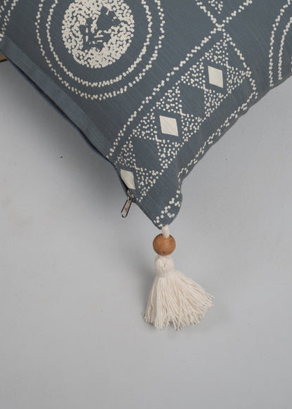 Cosmos Printed 100% Cotton Floral-Geometric Design Cushion Cover for Sofa - Blue