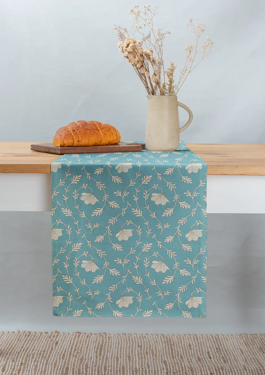 Eden aqua blue 100% cotton floral table runner for 4 seater or 6 seater dining