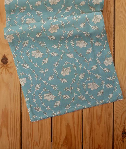 Eden aqua blue 100% cotton floral table runner for 4 seater or 6 seater dining