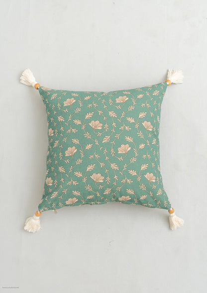 Eden aqua blue 100% cotton floral cushion cover for sofa with tassels