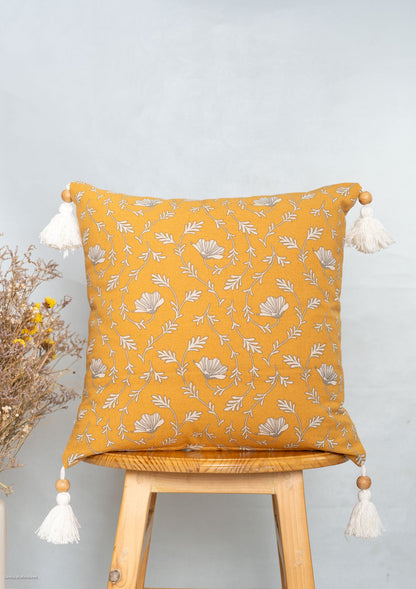 Eden mustard 100% cotton floral cushion cover for sofa with tassels