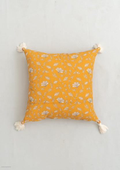 Eden mustard 100% cotton floral cushion cover for sofa with tassels