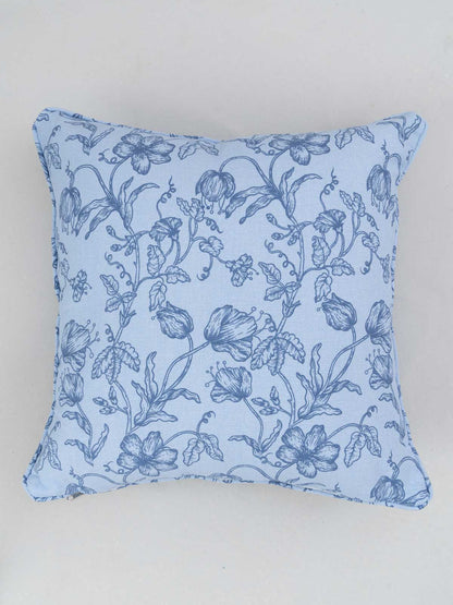 French Farmhouse Printed Cotton Cushion Cover - Blue