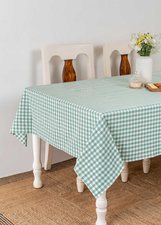 Gingham checks 100% cotton geometric table cloth for 4 seater or 6 seater dining - Sage Green