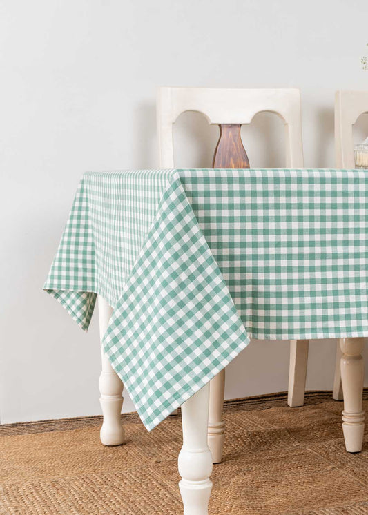Gingham checks 100% cotton geometric table cloth for 4 seater or 6 seater dining - Sage Green