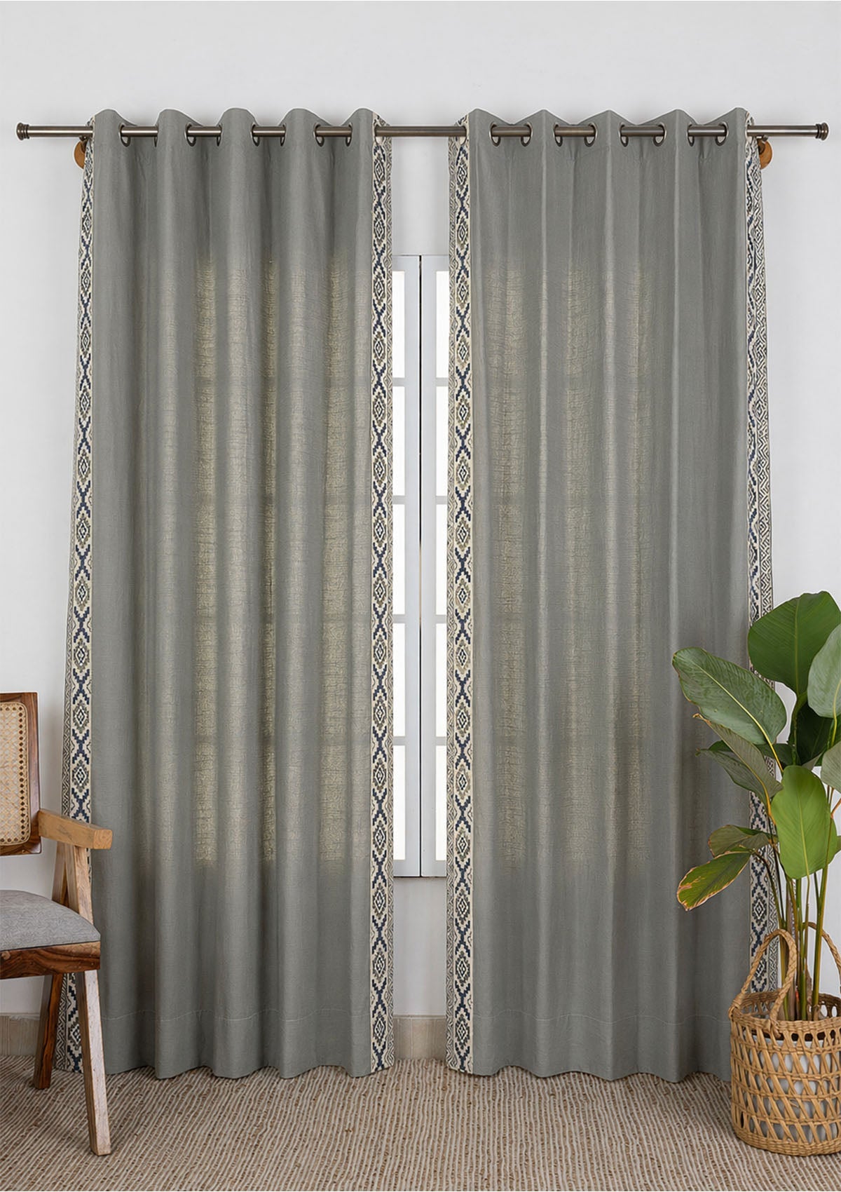 Glen Basil Green Embroidered Trim 100% Cotton Curtain For Living Room | Room Darkening | Single Piece