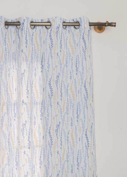 Grass Fields Blue 100% cotton sheer floral curtain for living room -  Light filtering - Single Piece