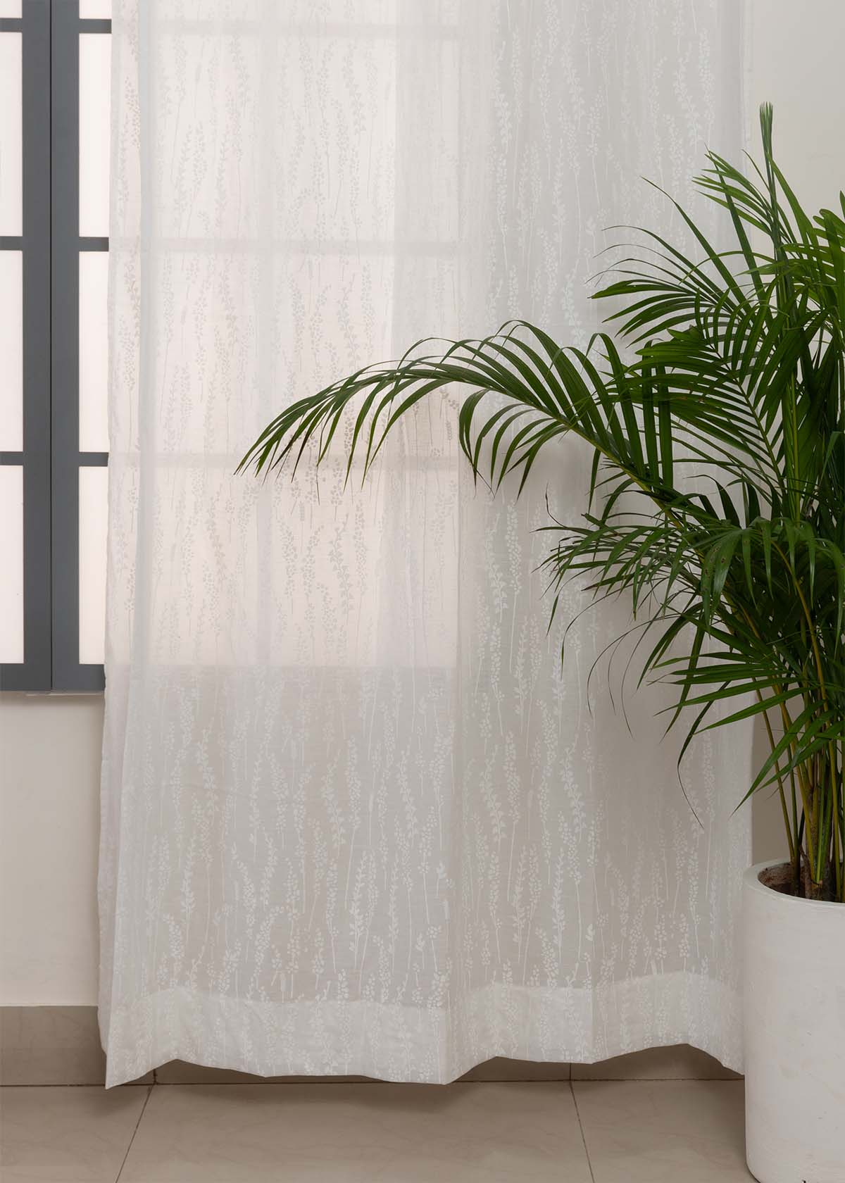 Grass Fields White 100% cotton sheer floral curtain for living room -  Light filtering - Single Piece