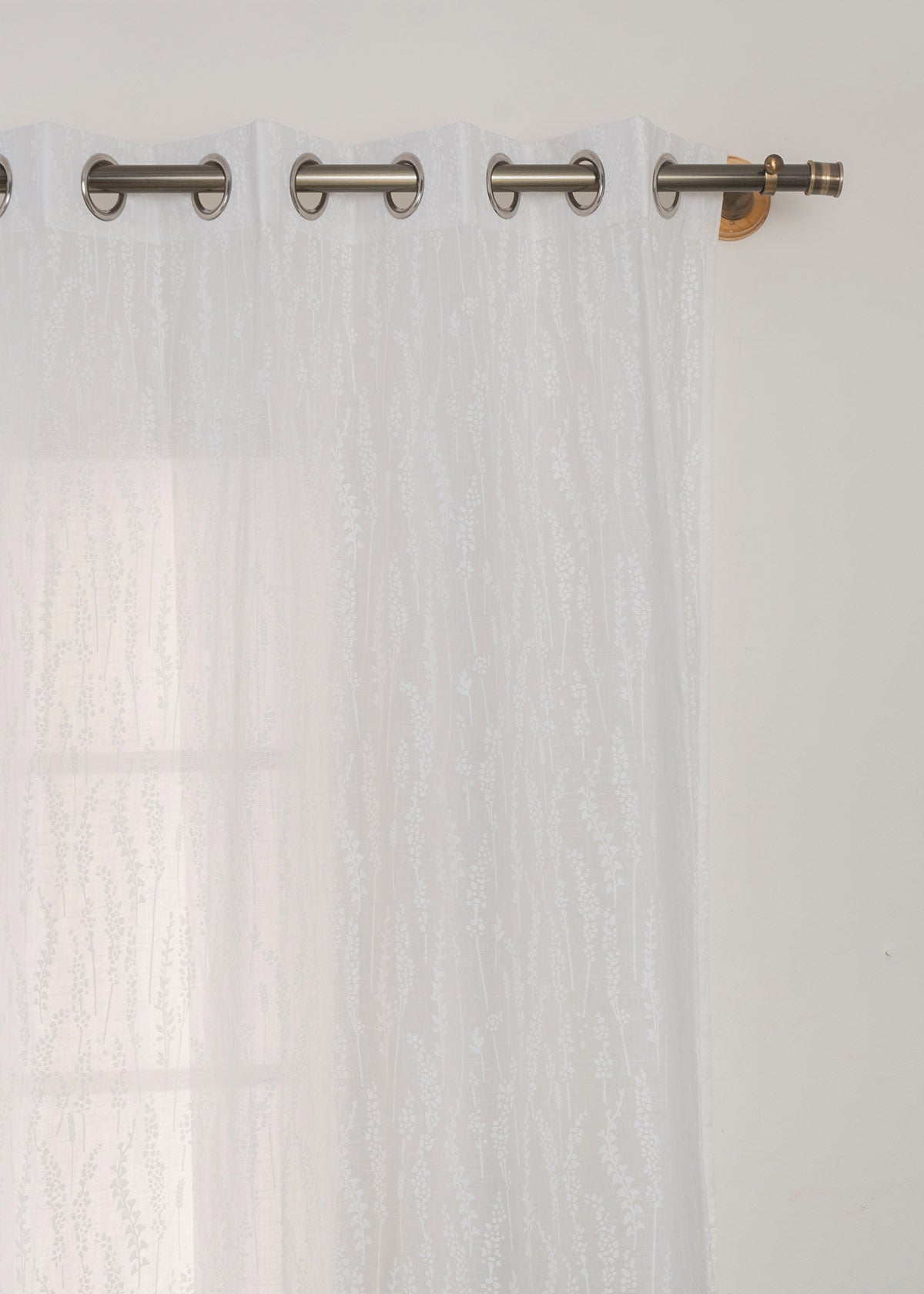 Grass Fields White 100% cotton sheer floral curtain for living room -  Light filtering - Single Piece