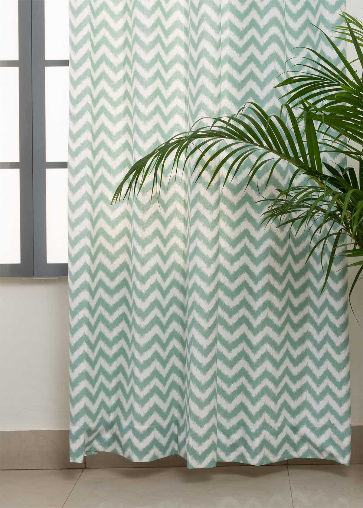 Ikat Chevron Nile Blue 100% cotton geometric curtain for living room - Room darkening - Single Piece