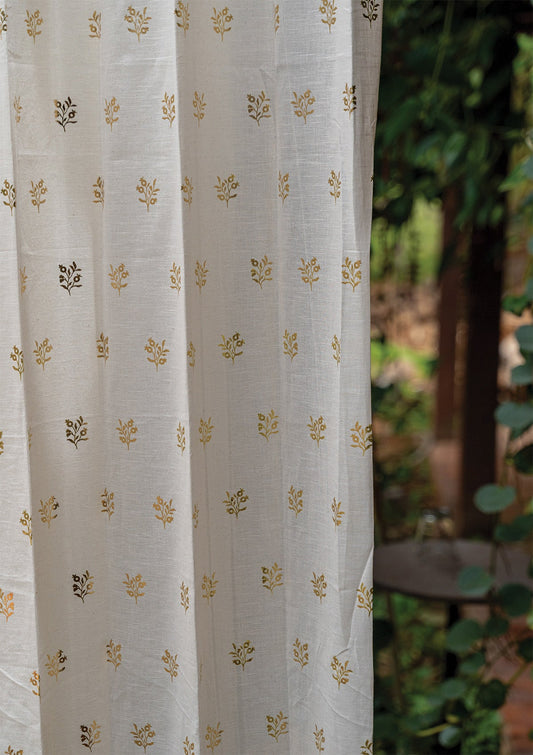 Induja 100% Cotton Sheer Gold Printed Curtain for living room & bedroom - Light Filtering - Beige - Single Piece