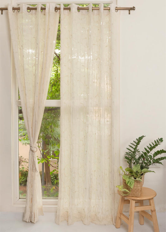Ivy Vines Cream 100% cotton sheer embroidered minimal curtain for living room -  Light filtering - Single Piece