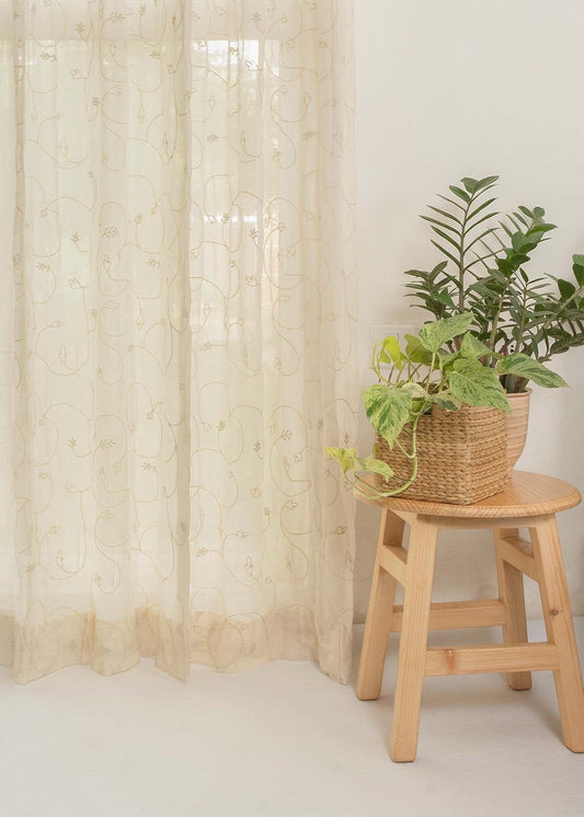 Ivy Vines Cream 100% cotton sheer embroidered minimal curtain for living room -  Light filtering - Single Piece