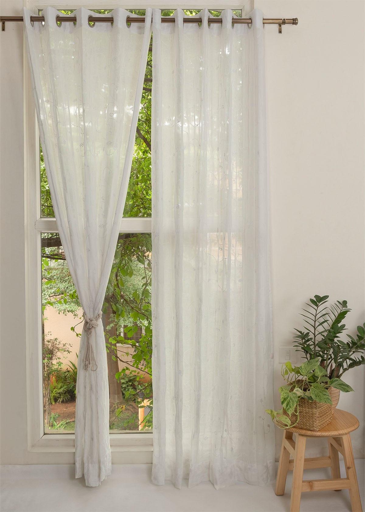 Ivy Vines  White 100% cotton sheer embroidered minimal curtain for living room -  Light filtering - Single Piece