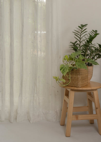 Ivy Vines  White 100% cotton sheer embroidered minimal curtain for living room -  Light filtering - Single Piece