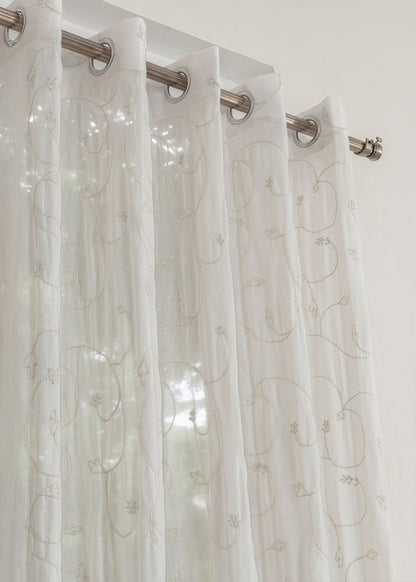 Ivy Vines  White 100% cotton sheer embroidered minimal curtain for living room -  Light filtering - Single Piece