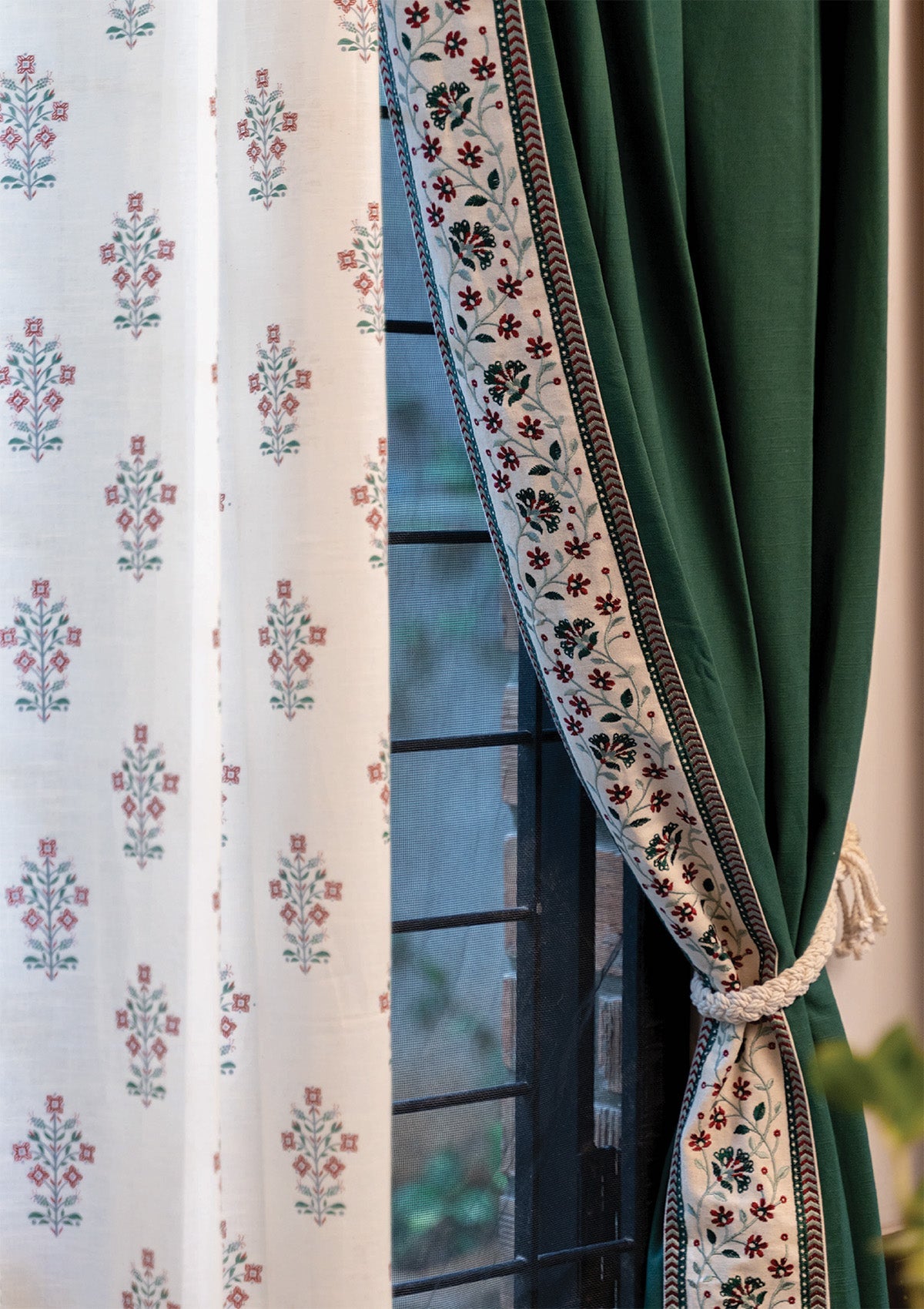 Kadamba Jade Green Plain Room Darkening Curtain & Palash Printed Sheer - 100% Cotton for Living Room & Bedroom - Pack of 4