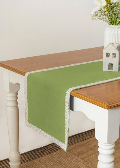 Solid Leaf Green 100% Cotton Table Runner with white Lace for 4 seater, 6 seater and 8 seater dining - Leaf green