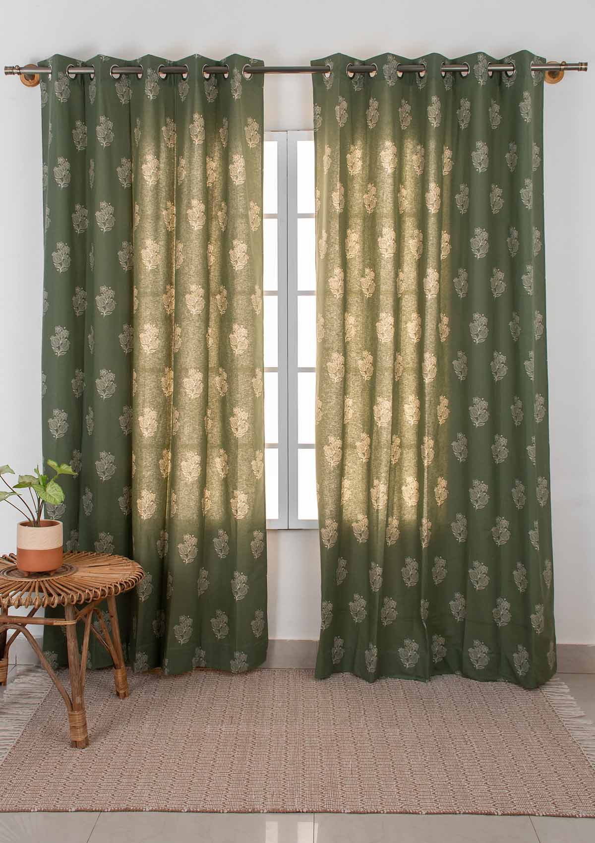 Malabar Printed 100% cotton ethnic curtain for living room & Bedroom - Room darkening - Pepper Green - Single Piece