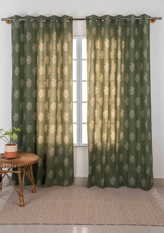Malabar Printed 100% cotton ethnic curtain for living room & Bedroom - Room darkening - Pepper Green - Single Piece