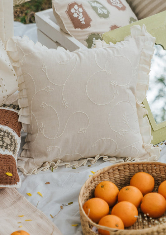 Medley Embroidered minimal design 100% Cotton Cushion Cover for Sofa - Cream