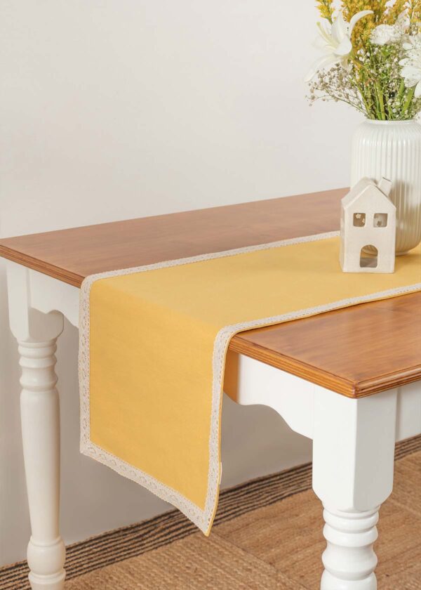 Solid Mustard 100% cotton plain table runner for 4 seater or 6 seater dining with lace border - Mustard