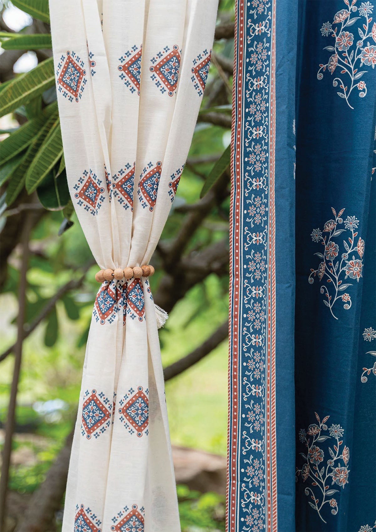 Neela Printed Room Darkening Curtain & Sapphire Textured Sheer - 100% Cotton for Living Room & Bedroom - Pack of 4