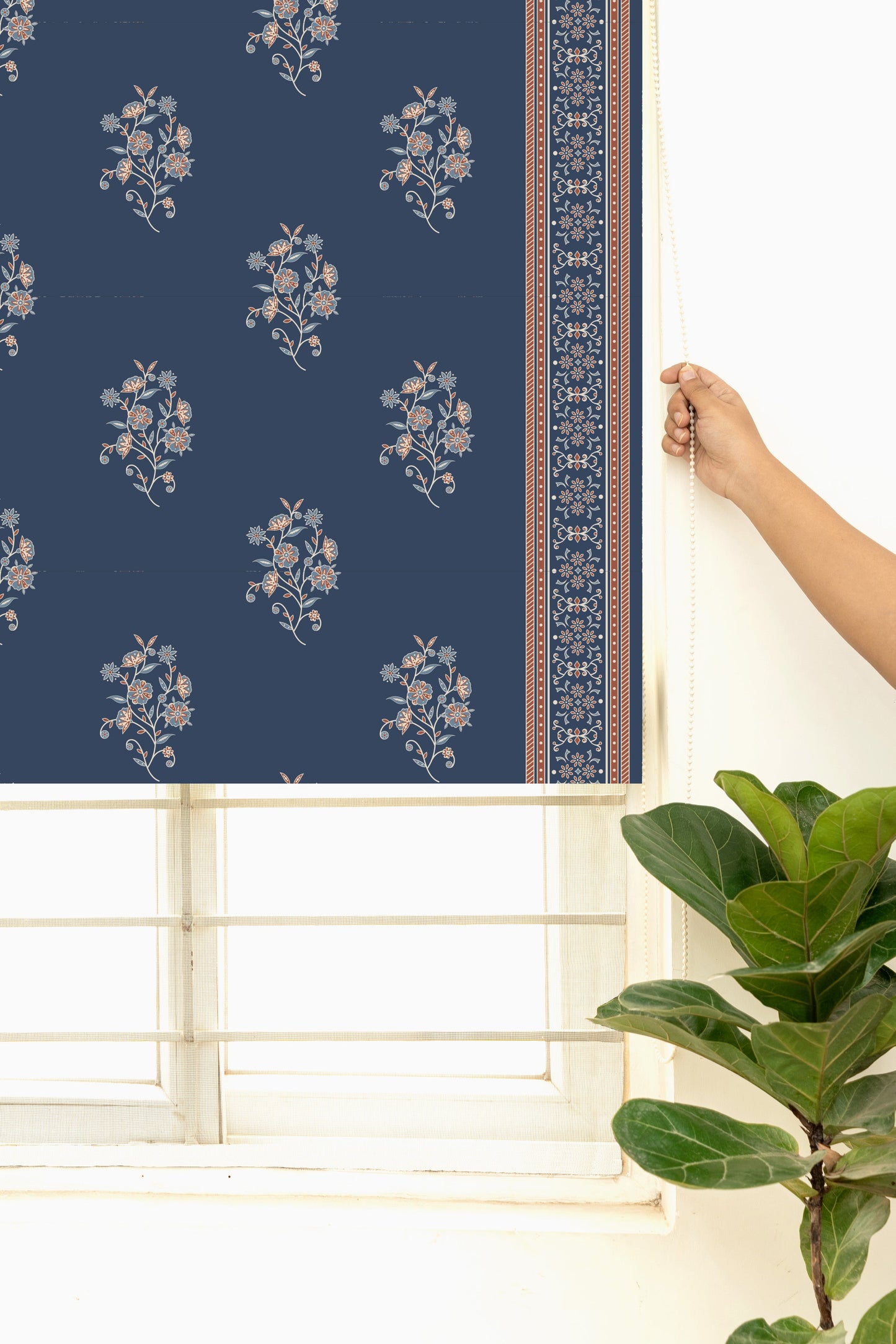 Neela 100% Cotton Ethnic Printed Customizable blind for living room & Bedrooms-Room Darkening-Indigo