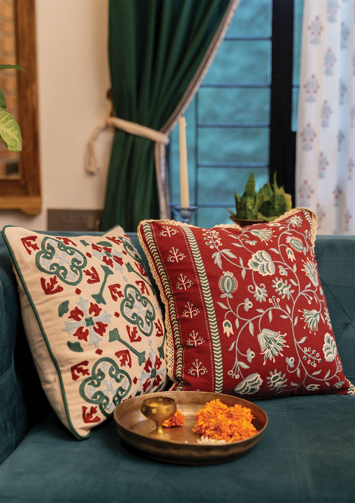 Peridot Embroidered & Garnet Printed  100% Cotton Cushion Covers for Sofa - Red and Green - Pack of 2