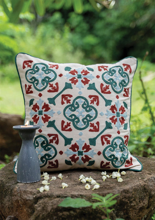 Peridot 100% Cotton Embroidered Red and Green Cushion Cover - 16"