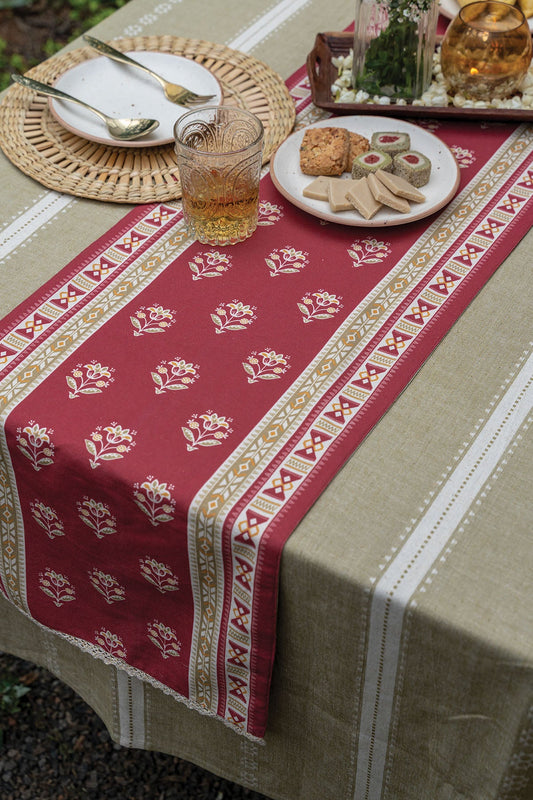 Phool 100% Cotton Printed Pink and Green Table Runner