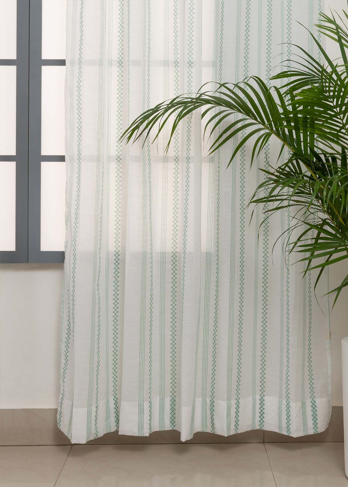 Picket Fence Sage Green 100% Cotton Sheer Geometric curtain for Living room & bedroom - Light filtering - Single Piece