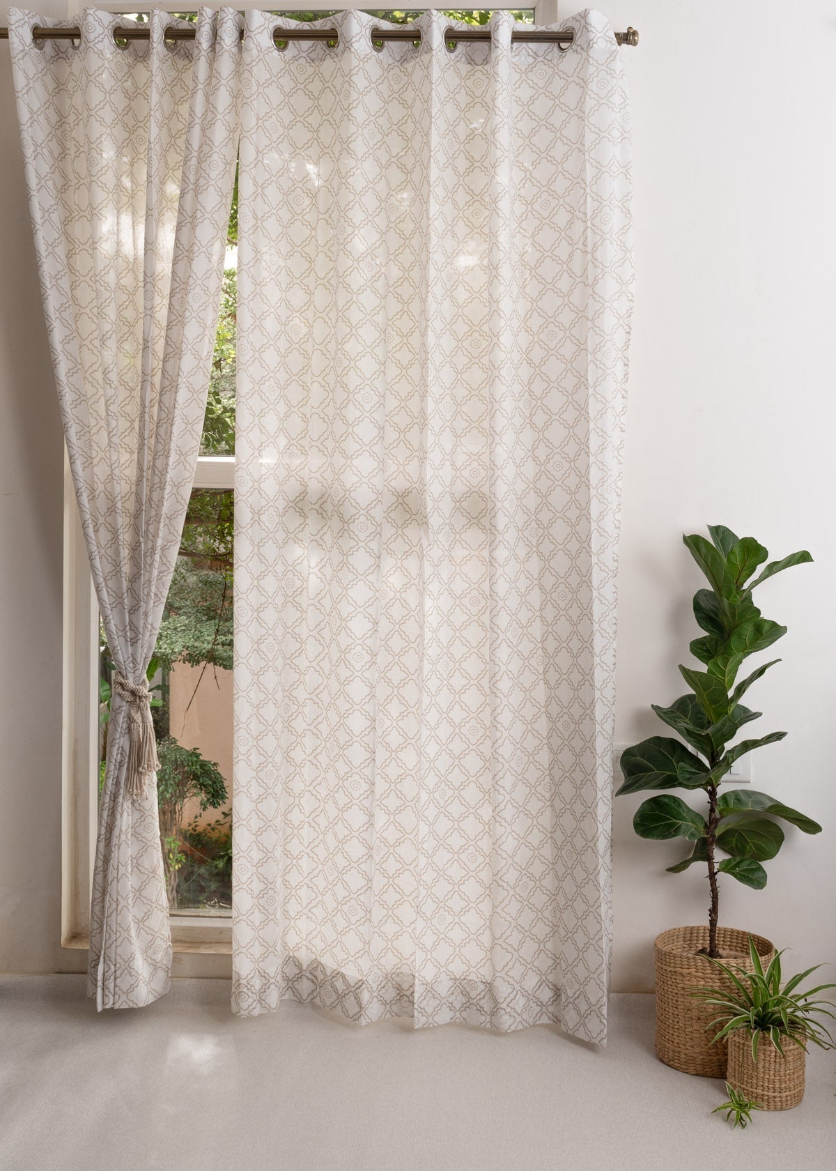 Lattice printed sheer Fabric - Walnut-Grey