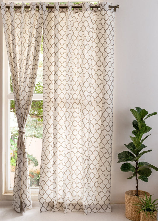 Trellis Printed Walnut Grey 100% cotton geometric curtain for bed room - Light Reduction - Single Piece