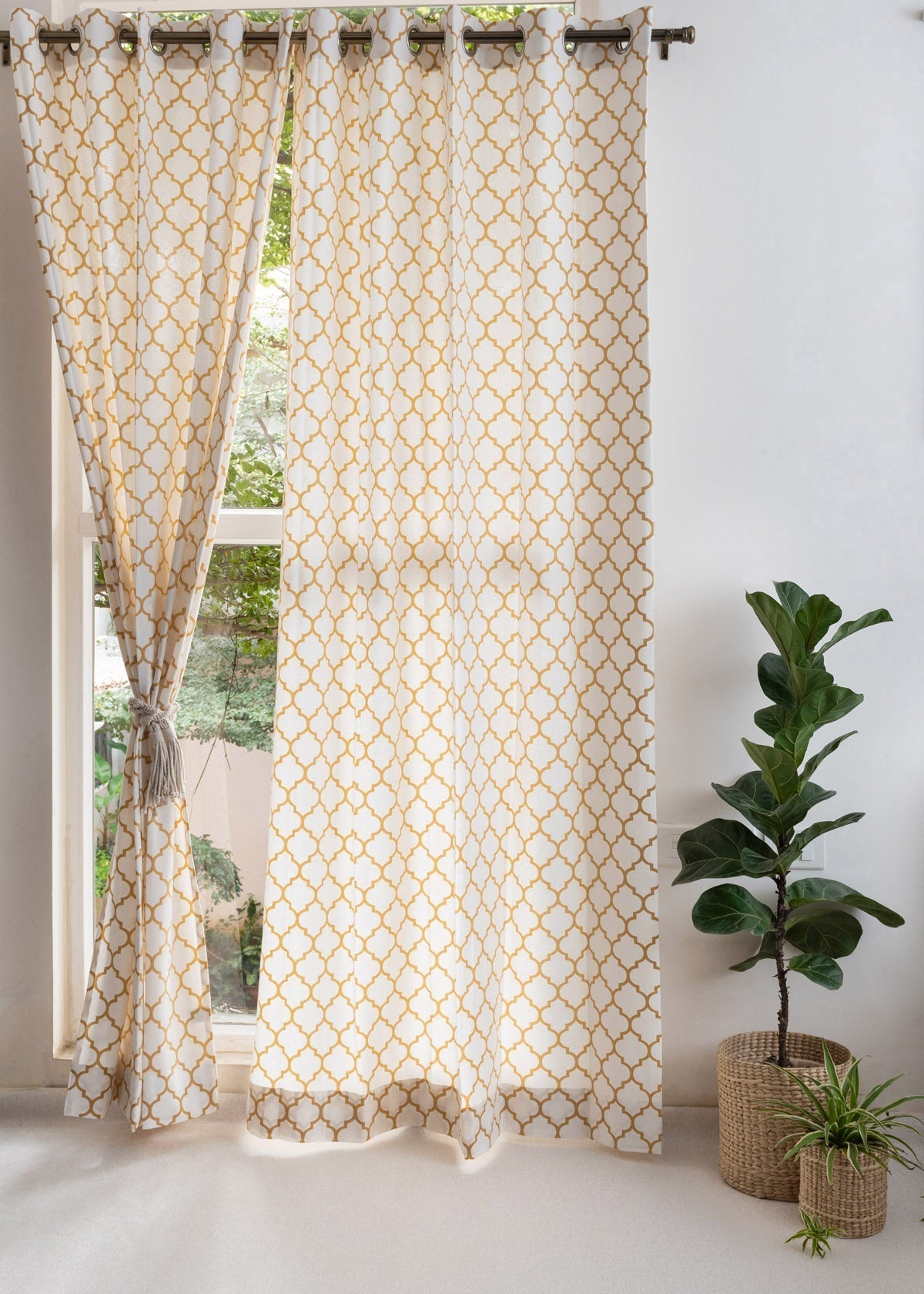 Trellis Printed Mustard 100% cotton geometric curtain for bed room - Light Reduction - Single Piece