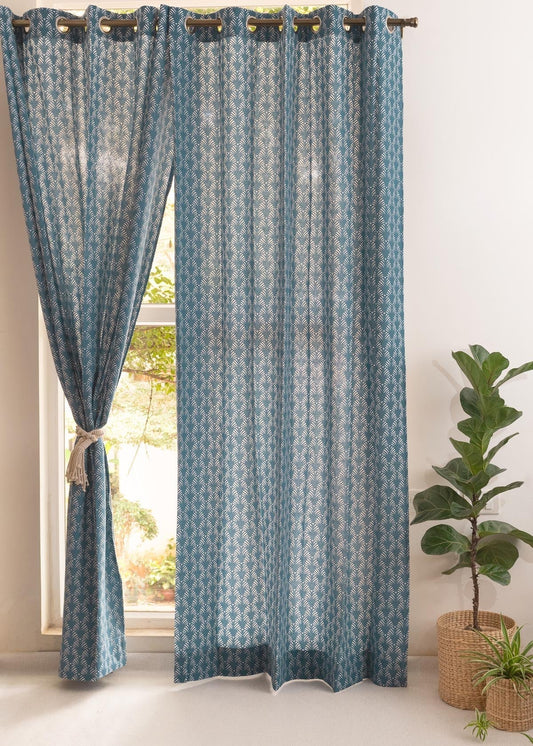 Pergola Indigo 100% cotton geometric curtain for living room & Bedroom - Room darkening - Single Piece