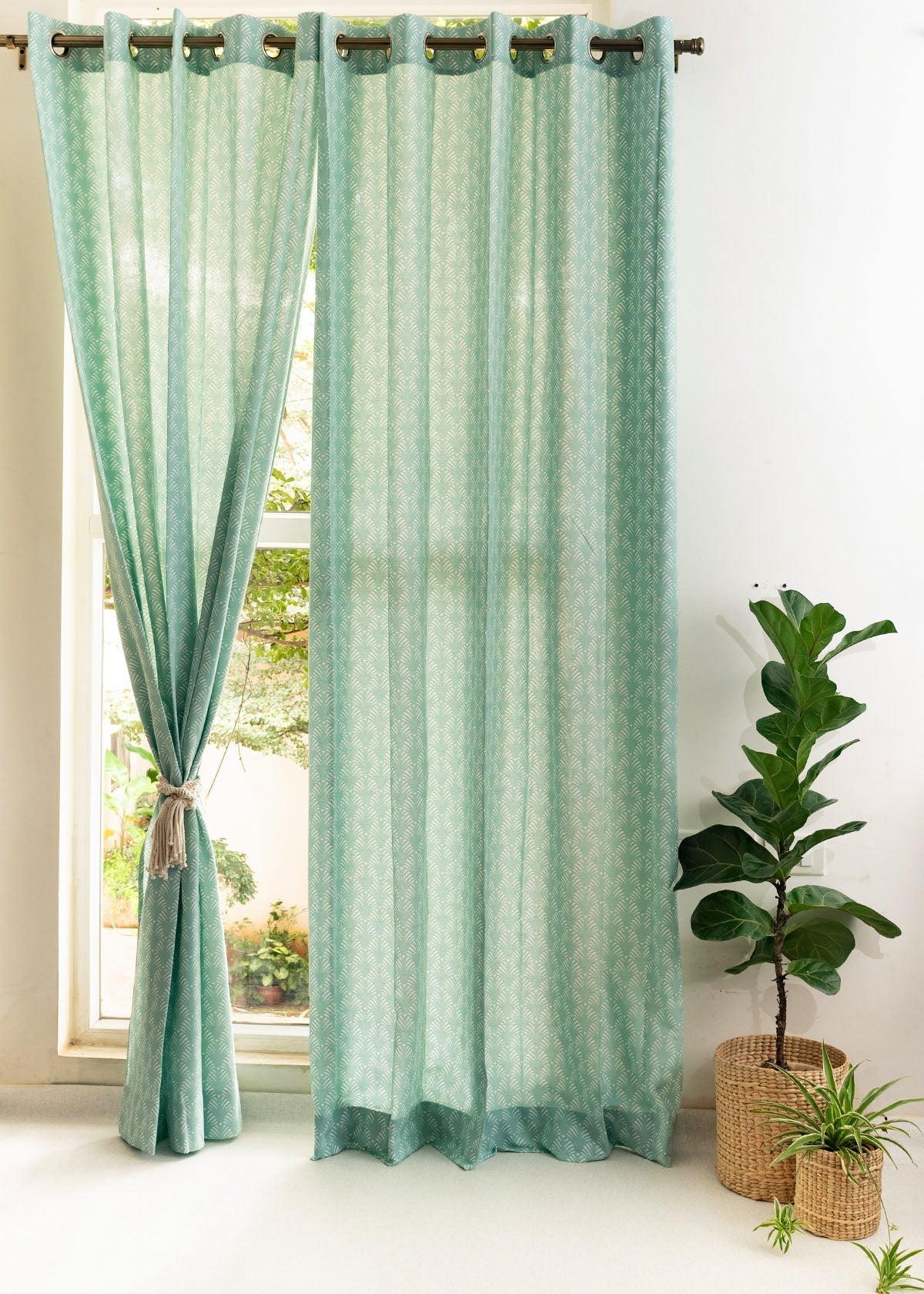 Pergola Nile Blue 100% cotton geometric curtain for living room & Bedroom - Room darkening - Single Piece