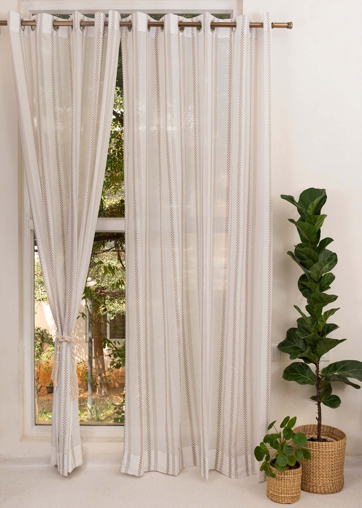 Picket Fence printed sheer Fabric - Walnut-Grey