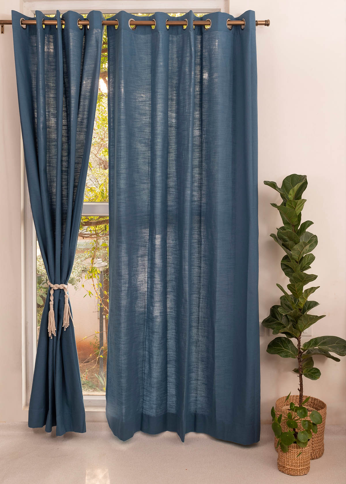 Blue Ruby with Royal blue Set and oriental stripes sheer Of 6 Combo Cotton Curtain  - Blue And White