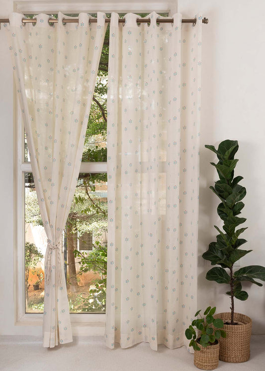 Sapling 100% Cotton Sheer floral curtain for Living room - Light filtering - Nile Blue - Single Piece