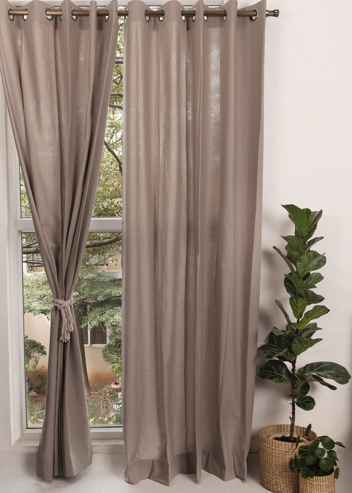 Solid Walnut Grey 100% cotton plain curtain for bedroom - Room darkening - Single Piece