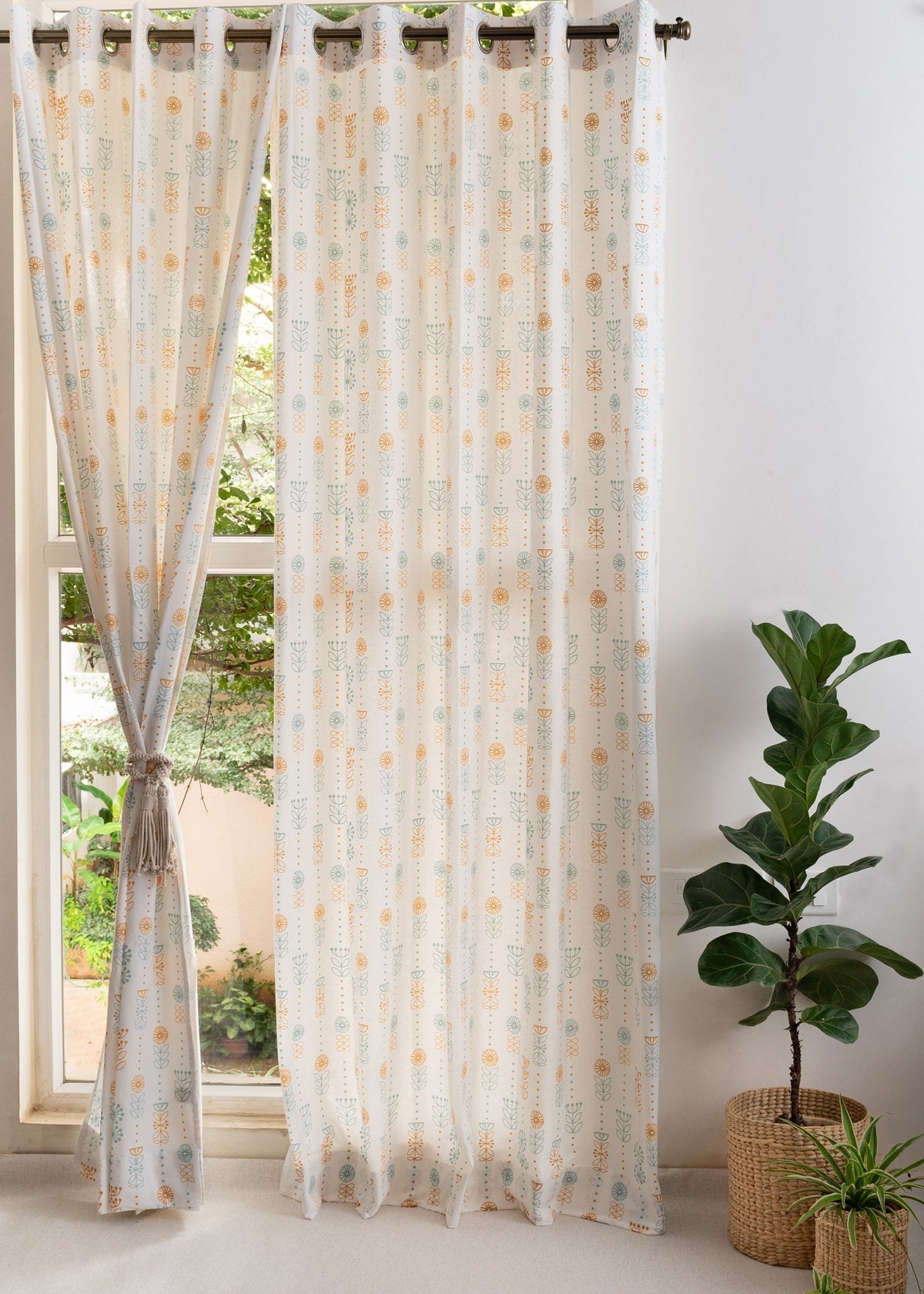 Wild Bouquet 100% cotton floral curtain for Living room & bed room - Light Reduction - Yellow - Single Piece