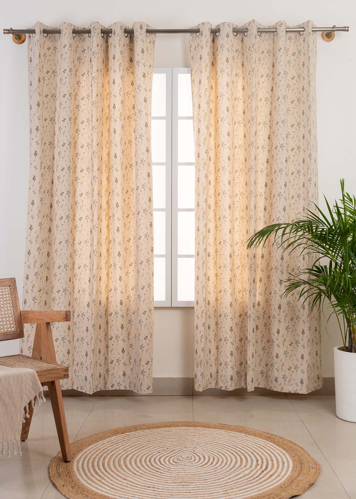 Blooming Meadows Beige 100% cotton floral curtain for living room - Light Reduction - Single Piece
