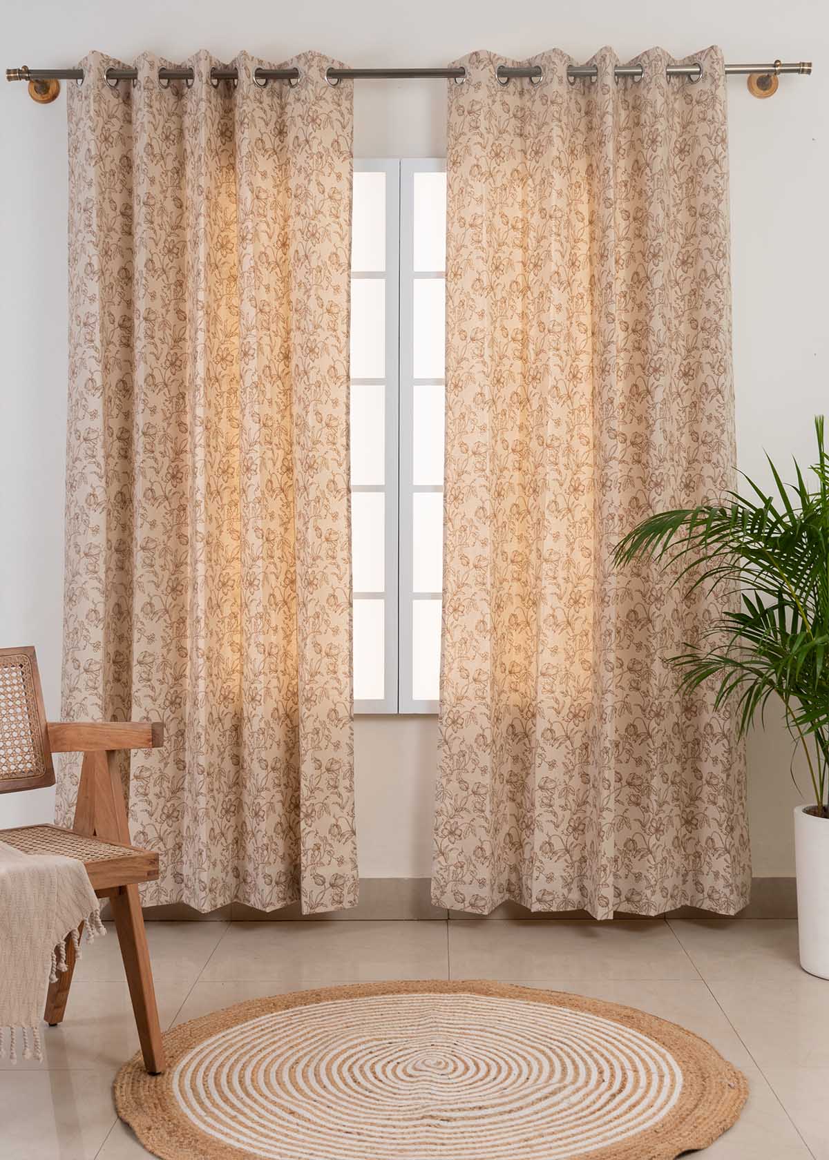 French Farmhouse 100% cotton floral curtain for living room - Room darkening - Beige - Single Piece