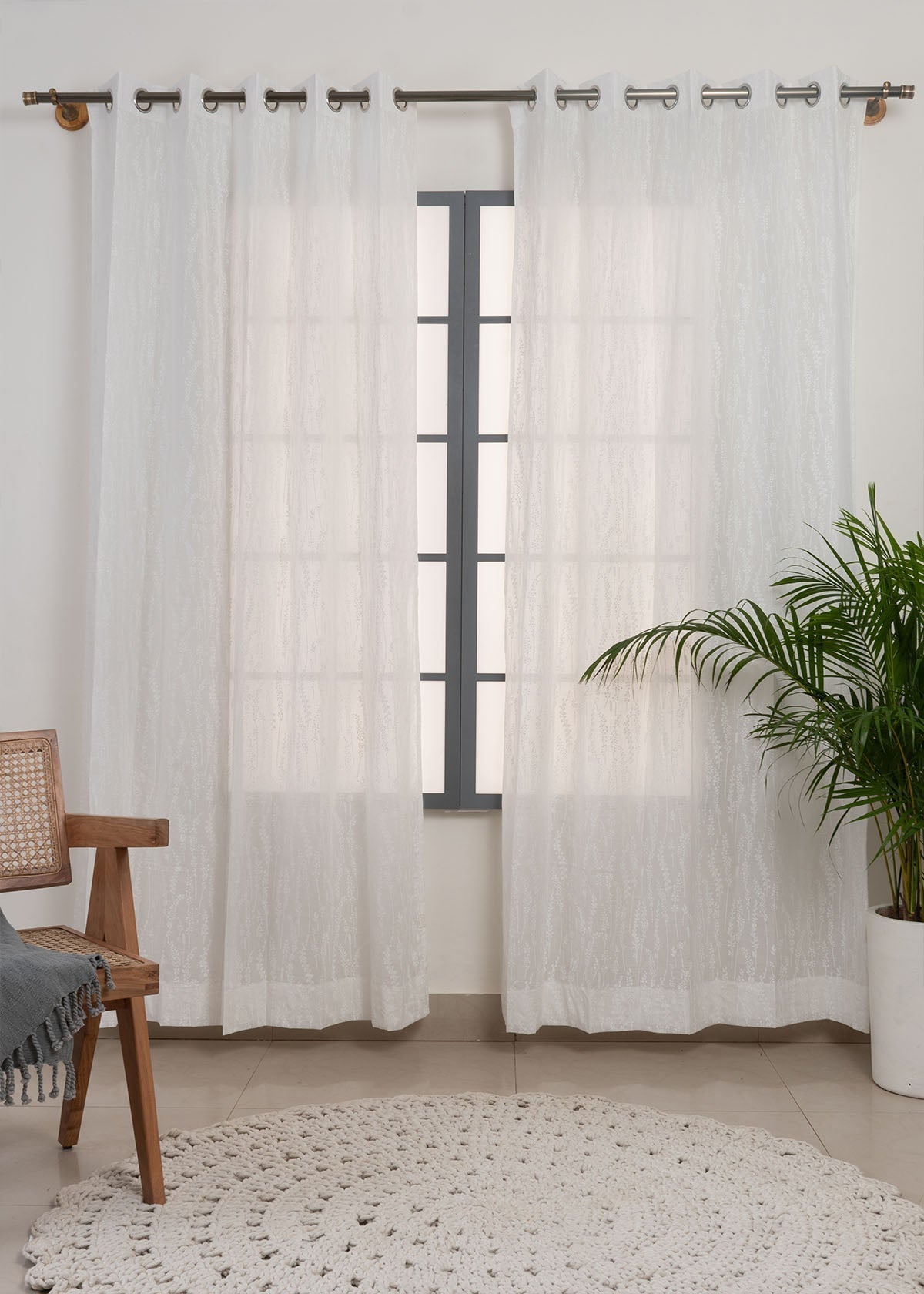 Grass Fields White 100% cotton sheer floral curtain for living room -  Light filtering - Single Piece