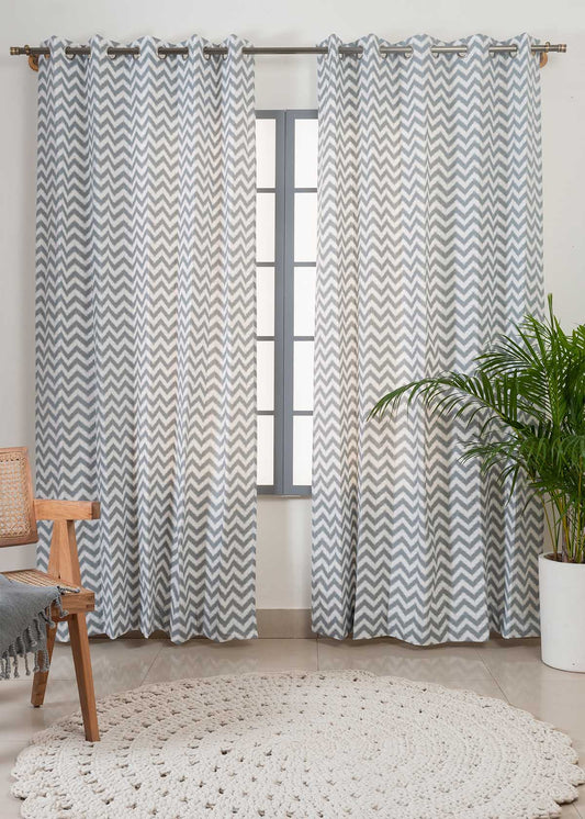 Ikat Chevron Grey 100% cotton geometric curtain for living room - Room darkening - Single Piece
