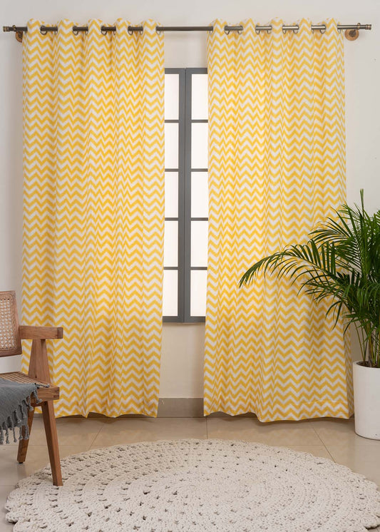 Ikat Chevron Yellow 100% cotton geometric curtain for living room - Room darkening - Single Piece